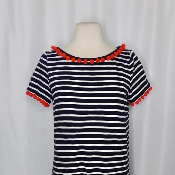 BODEN Bridget Jersey Knit Dress Navy White Stripe Red Pom Poms Shift Size 6 - Picture 4 of 16